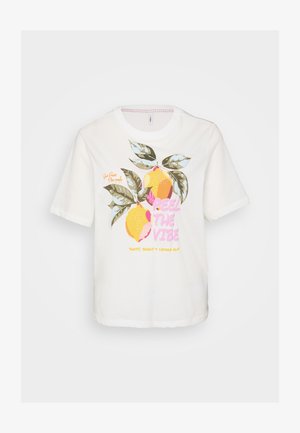 Weißes Baumwoll-T-Shirt mit kurzen Ärmeln, das einen Grafikdruck von Zitronen und Blättern zeigt, mit dem Text "FEEL THE VIBE" in Pink und Gelb.