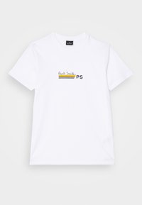 Bílý bavlněný tričko s černým logem "Paul Smith" a barevnými pruhy nad "PS." Klasický kulatý výstřih a krátké rukávy.