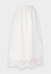 Weißer Leinenrock mit elastischem Bund, versehen mit einem wellenförmigen Saum, der mit gestickten Blumen- und Blattformen verziert ist.