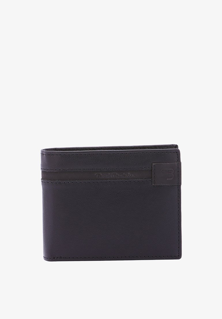 Zwarte leren portemonnee met een gladde textuur, voorzien van een logo-accent, twee kaartslots aan één kant en een eenvoudig bi-fold ontwerp.