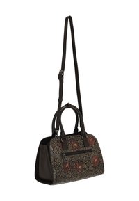 Sac à main à imprimé floral marron avec deux poignées supérieures, bandoulière réglable et poche zippée. Caractérisé par des détails floraux en relief et une texture lisse.