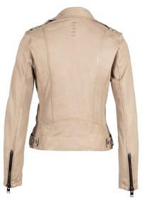 Giacca in pelle beige con un design aderente, polsini con zip, spalline e cuciture decorative sul retro. Texture liscia.