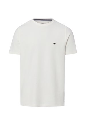 Schlichtes weißes T-Shirt mit kurzen Ärmeln und Rundhalsausschnitt mit kleinem schwarzem Baum-Logo auf der linken Brust, auf weißem Hintergrund dargestellt.