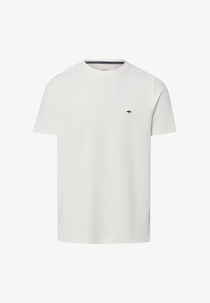 Prosty biały t-shirt z krótkim rękawem i okrągłym dekoltem, z małym czarnym logo drzewa na lewej stronie klatki piersiowej, przedstawiony na białym tle.