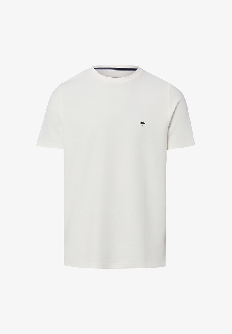 Schlichtes weißes T-Shirt mit kurzen Ärmeln und Rundhalsausschnitt mit kleinem schwarzem Baum-Logo auf der linken Brust, auf weißem Hintergrund dargestellt.