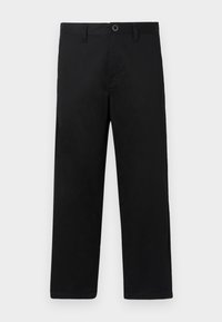Pantalon noir à jambes droites en tissu léger. Dispose d'une fermeture éclair, d'un bouton et de passants pour ceinture. Texture lisse, sans motif.