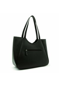 Borsa tote in pelle nera con design strutturato, texture liscia, due manici lunghi e una tasca con zip frontale per una maggiore sicurezza nella conservazione.