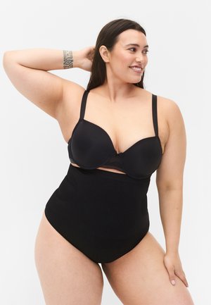 Black molded bra with adjustable straps and lace detail; paired with high-waisted black shaping briefs featuring a smooth texture.