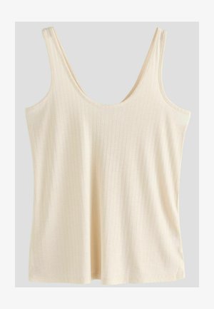 Kreemivärvi ribitud kangast tank top, millel on ümmargune kaelus, õhukesed õlapaelad ja lõdvestunud istuvus. Sile tekstuur, millel on kerge läige.