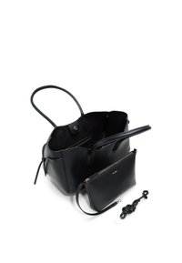Black leather tote bag with dual handles, a zippered interior pocket, and a detachable mini pouch. Smooth texture, minimalistic design.