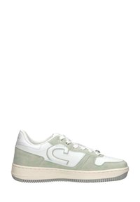 Witte en lichtgroene sneaker met een bovenwerk van glad leer, suède accenten, ronde veters en een rubberen zool met een gestructureerde grip.