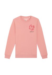 Sweatshirt rose en tissu doux, avec des manches longues, un col rond et un design de cœur rouge et de feuille accompagné du texte "amour de soi".