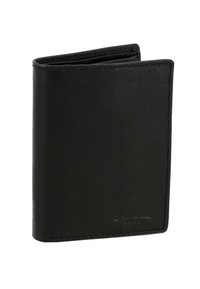 Černá kožená peněženka s minimalistickým designem. Vyznačuje se skládacím tvarem, hladkým povrchem a jemným prošíváním podél okrajů.