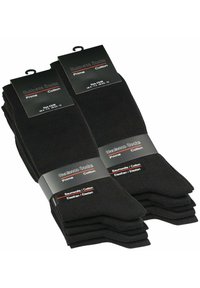 Calze nere da uomo in cotone ed elastan; presentano una texture liscia con un bordo a coste e due etichette che indicano taglia e materiale.