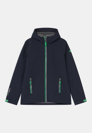 Veste à capuche bleu marine avec fermeture éclair verte et tirettes de poche, manches longues et doublure intérieure grise, posée à plat sur fond blanc.