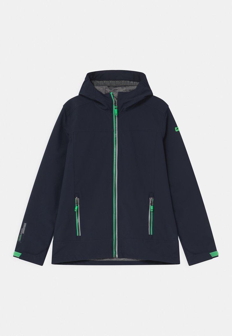 Veste à capuche bleu marine avec fermeture éclair verte et tirettes de poche, manches longues et doublure intérieure grise, posée à plat sur fond blanc.