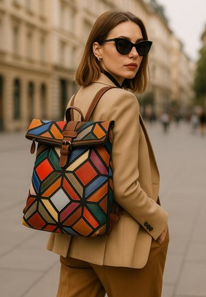Backpack featuring a multicolored geometric design, made of textured leather. Details include a flap closure and brown leather straps.