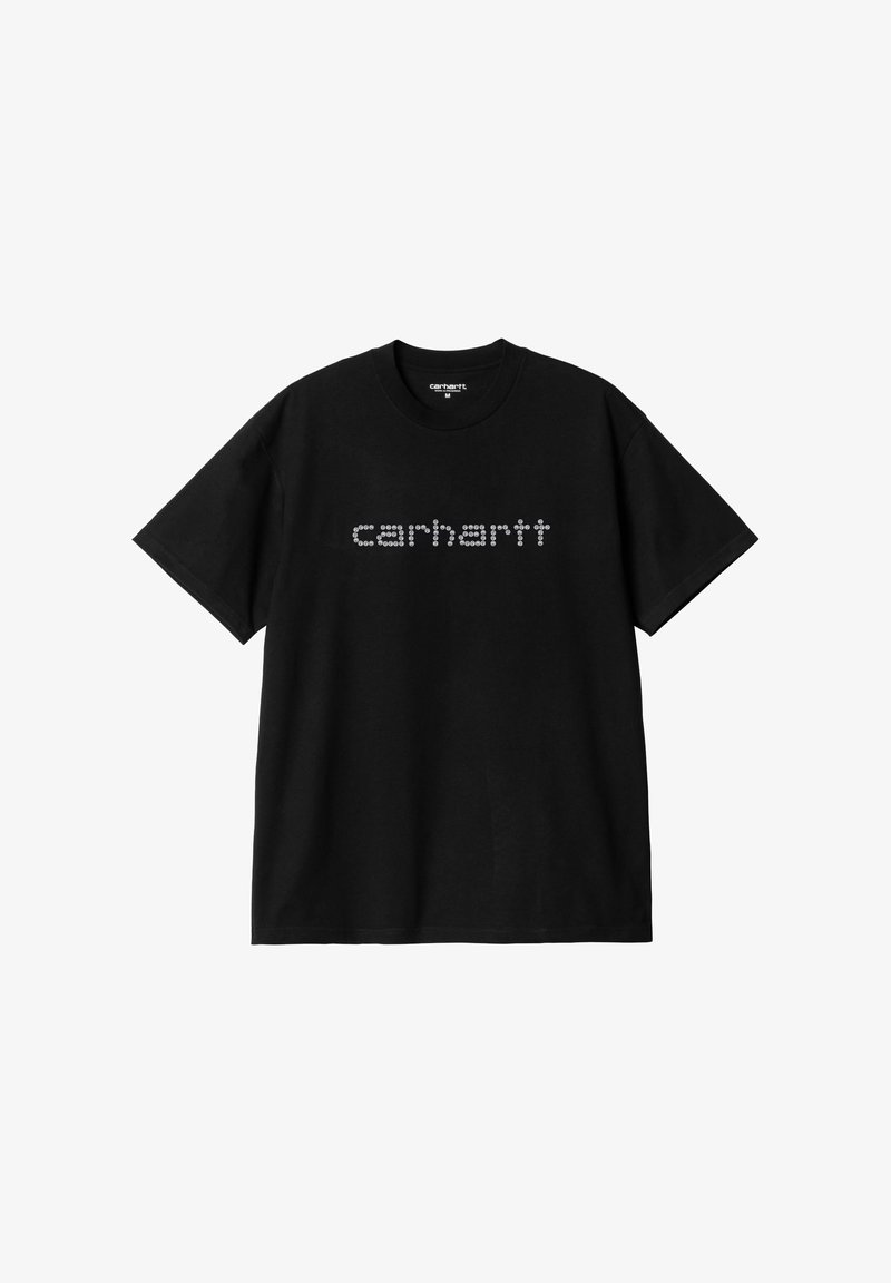 Camiseta de algodón negra de manga corta y cuello redondo. Presenta un logo reflectante de Carhartt en la parte frontal con un diseño de puntos.