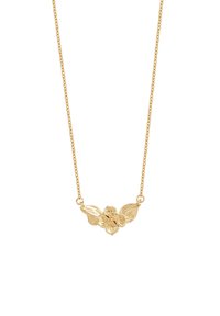 Gold flower necklace with a central floral motif, featuring detailed petals and leaves, suspended from a thin chain.