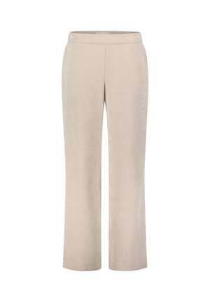 Beige Cordhose mit geripptem Textur, weitem Bein und weichem Bund. Geeignet für legere Outfits.