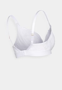 Sutiã branco com detalhes em renda, alças de cetim ajustáveis e design sem costura. A faixa inclui um fecho de gancho e olho para ajuste do tamanho.