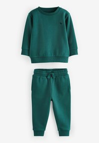 Twee-delige outfit in donkergroen; sweatshirt met geribbelde manchetten en zoom, bijpassende joggers met elastische tailleband en manchetten, zacht materiaal.