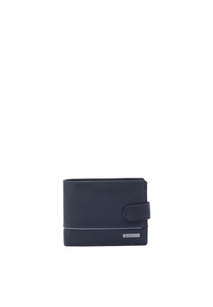 Black leather wallet with snap closure and small metallic brand plate on front bottom right corner.