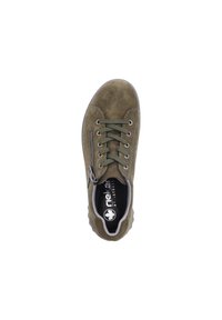 Olivgrüner Wildlederschuh mit runder Zehenpartie, Schnürdesign, seitlichem Reißverschluss und Gummisohle. Verfügt über ein gepolstertes Innenfutter für Komfort.