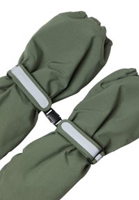 Guanti in tessuto verde con polsini elasticizzati, fissati con cinghie grigie regolabili dotate di accessori neri. Texture morbida e forma arrotondata.