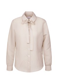 Beige-weiß gestreifte Bluse mit langen Ärmeln, Knopfleiste und einer gebundenen Schleifenkragen, abgerundetem Saum und taillierten Manschetten.
