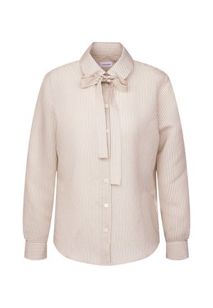 Blusa a maniche lunghe a righe verticali beige e bianche con frontale a bottoni e colletto a fiocco annodato, orlo arrotondato e polsini aderenti.
