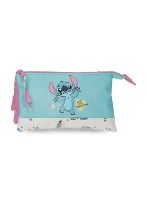 Estuche para lápices azul y blanco con cremallera rosa, que presenta un personaje alienígena de dibujos animados y las palabras "con un poco de destrucción."