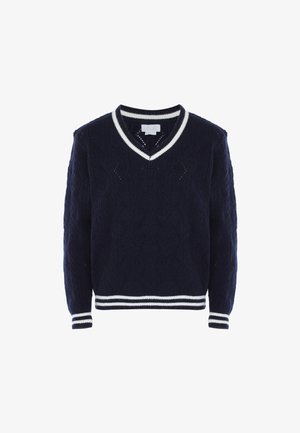 Marineblaues Strickpullover mit V-Ausschnitt, weißen gestreiften Rippbündchen und -saum, strukturiertem Muster und mittellangen Ärmeln.