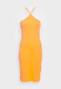 Vestido com decote halter em tecido laranja brilhante, com forma ajustada e textura suave, apresentando tiras cruzadas nas costas. Sem padrões ou detalhes.