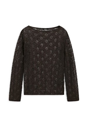 Czarna koronkowa bluzka z długim rękawem, kwiatowym wzorem, okrągłym dekoltem i półprzezroczystym materiałem.