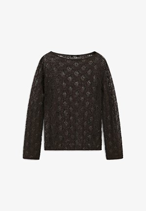 Schwarzes Spitzenlongsleeve mit Blumenmuster, rundem Ausschnitt und semi-transparentem Stoff.