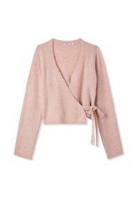 Cardigan avvolgente rosa pallido con maniche lunghe, chiusura a fiocco in vita, tessuto morbido e scollo a V. Materiale lavorato a maglia leggero.
