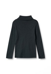 Dunkelgraues Rollkragenoberteil aus weichem Stoff, mit langen Ärmeln und einer taillierten Silhouette sowie einem umgeschlagenen Kragen. Keine sichtbaren Muster.