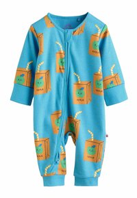 Rippstrickstoff- Babystrampler in Blau mit einem Druck von Apfelsaftkartons, grünen Äpfeln und gelben Strohhalm-Akzenten. Frontreißverschluss.