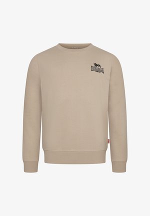 Beige bavlněná mikina s dlouhými rukávy, žebrovaným výstřihem a manžetami, která má na levé hrudi vyšitý černý logo.