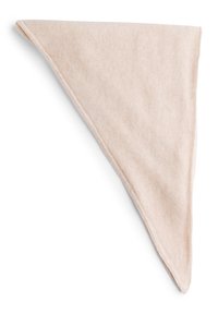 Driehoekige, lichtbeige stoffen slab met een zachte textuur en afgewerkte randen. Geschikt voor verschillende toepassingen, waaronder kleding of accessoires.