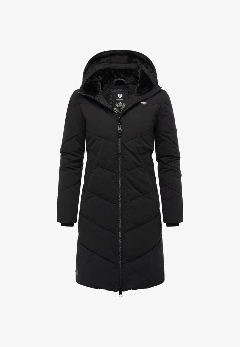 Juodas pūkinis paltas su kapišonu, papuoštas priekinio užtrauktuko, chevrono rašto siūlėmis ir dirbtinio kailio pamušalu kapišono viduje.