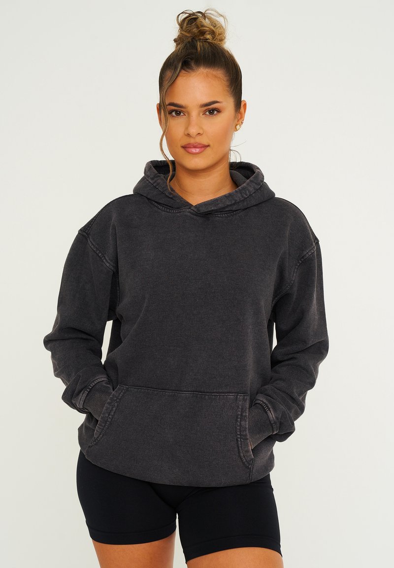 Grau übergroßer Hoodie mit einer Fronttasche, Kordelzugkapuze, gerippten Bündchen und Saum; aus weichem Baumwoll-Mischgewebe mit einer strukturierten Oberfläche.