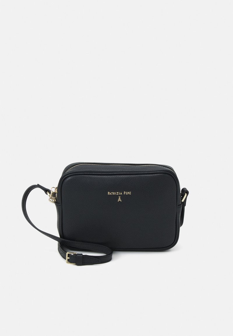Black leather crossbody bag with a rectangular shape, gold hardware, and a textured surface. Features an adjustable strap and a zip closure.