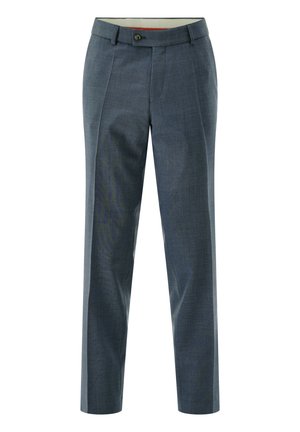 Maßgeschneiderte dunkelgraue Herrenkleiderhose mit Gürtelschlaufen und vorderem Knopfverschluss.