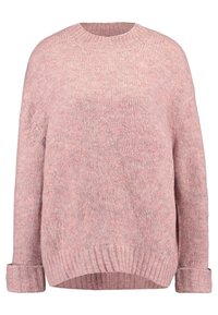 Hellrosa gestrickter Pullover mit rundem Ausschnitt, langen Ärmeln, gerippten Bündchen und einem etwas längeren Rückensaum. Weiche Textur und legere Passform.