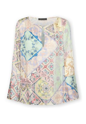 Lichtgewicht blouse met een patchworkontwerp in pasteltinten, bloemenpatronen, een V-hals en wijde mouwen.