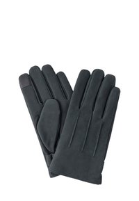 Pár tmavošedých kožených rukavíc s prešitím a jedným prstom navrhnutým na použitie s dotykovými obrazovkami, rozložené na plochu.