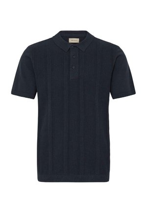 Námořnicky modrá pletená polokošile s krátkými rukávy, žebrovanou strukturou, zapínáním na tři knoflíky a klasickým límečkem.