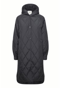 Manteau long noir matelassé avec capuche, doté de boutons-pression, de manches à poignets élastiques et d'une texture lisse et brillante.